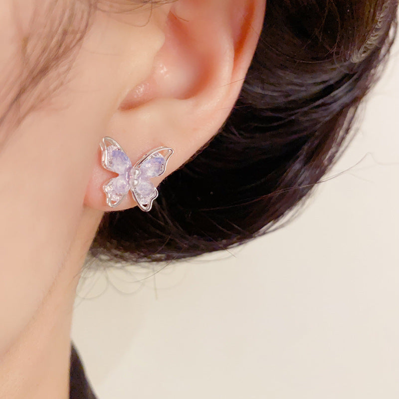 Silver-Plated Purple Pearl Butterfly Stud Earrings – Sweet Design