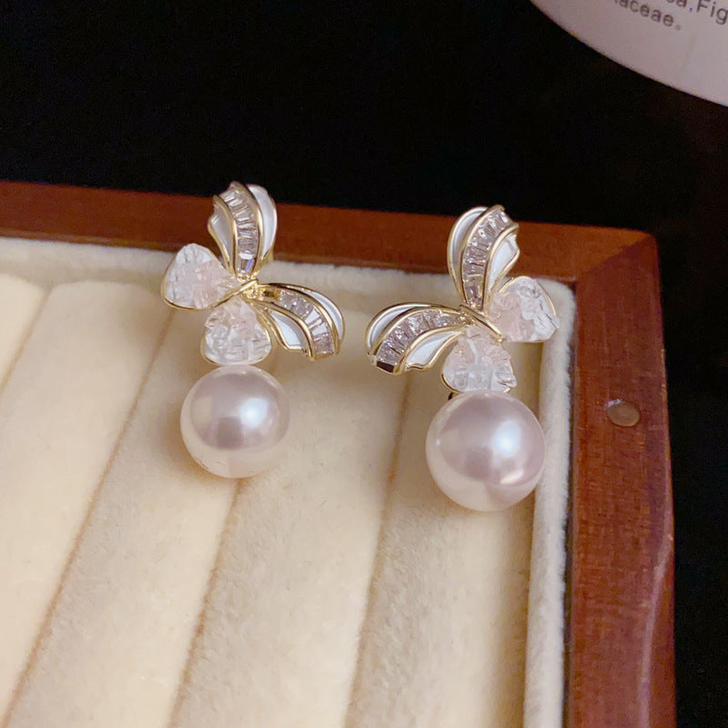14K Gold-Plated Diamond Butterfly Pearl Drop Earrings – Elegant Design