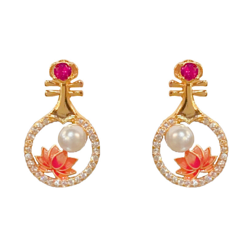 14K Gold Red Enamel Plum Blossom Pipa Stud Earrings – Oriental Design