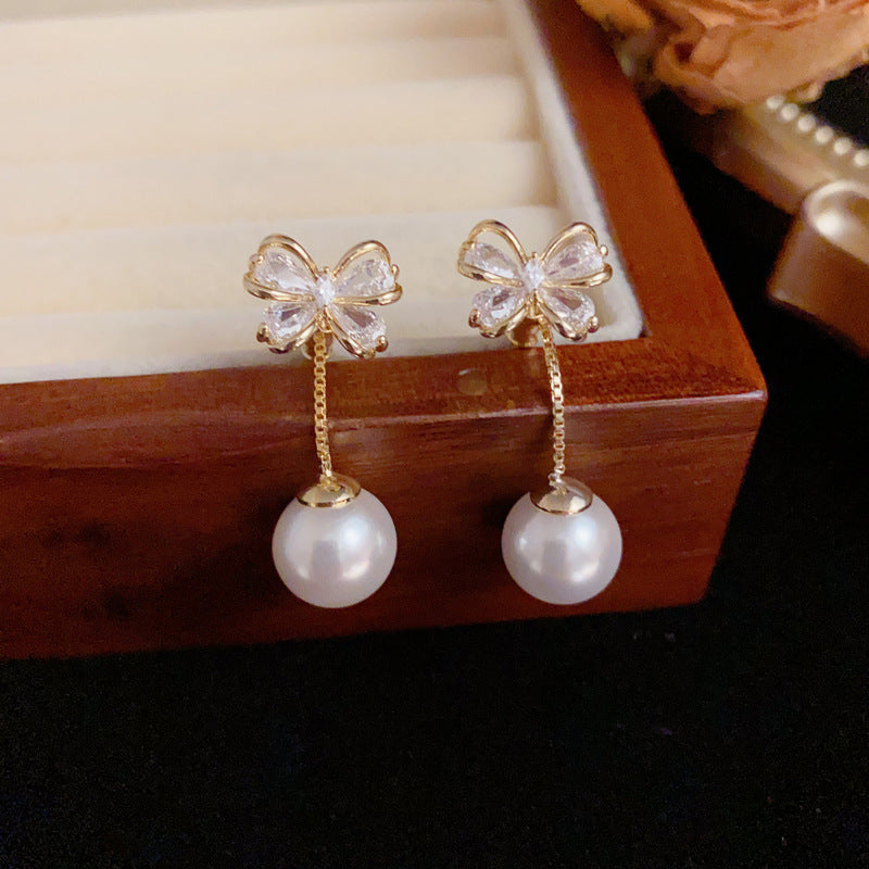 Luxury Zircon Bow & Two-Way Pearl Drop Earrings – Silver Needle Design