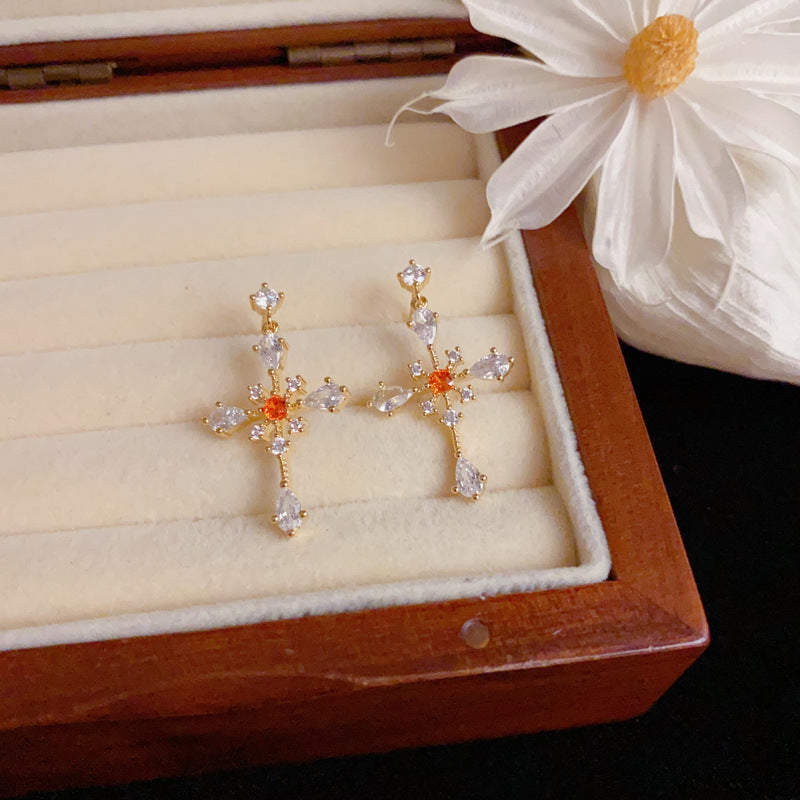 Elegant Full-Zircon Cross Drop Gold Earrings – Geometric Design