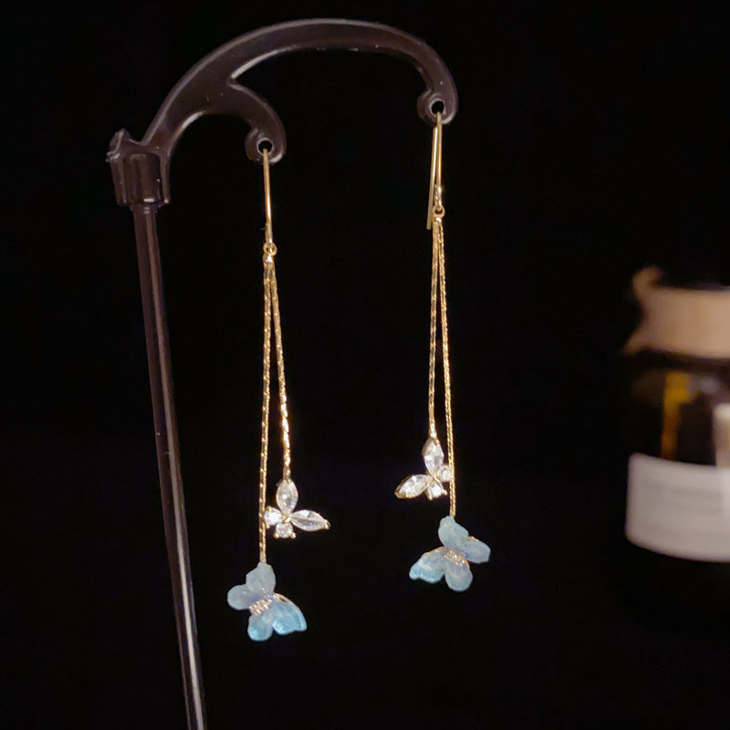 14K Gold-Plated Zircon Butterfly Tassel Hook Earrings – Elegant Design