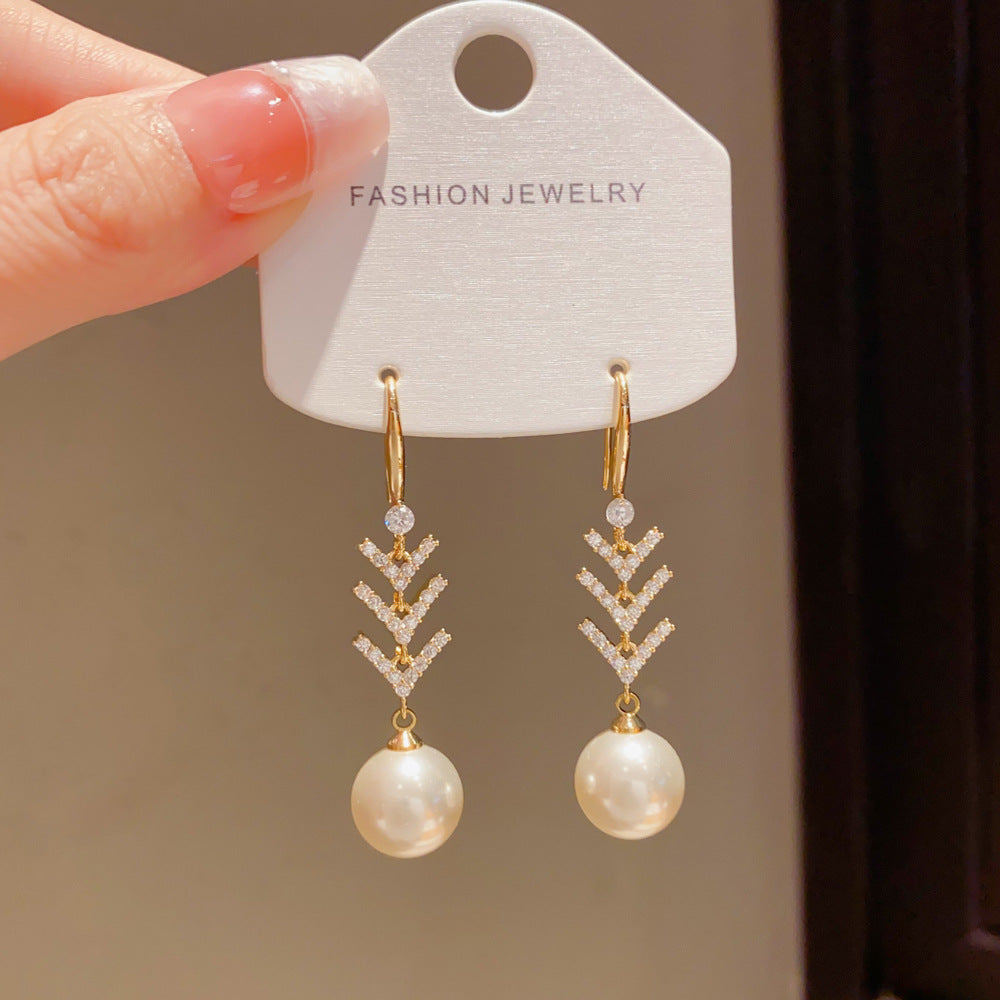 Eaioncol Leaf CZ Pearl Tassel Ear Hooks 14K Gold Plated