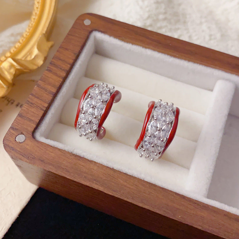 Elegant Full-Zircon Red Drip-Oil C-Hoop Earrings – French Retro Design