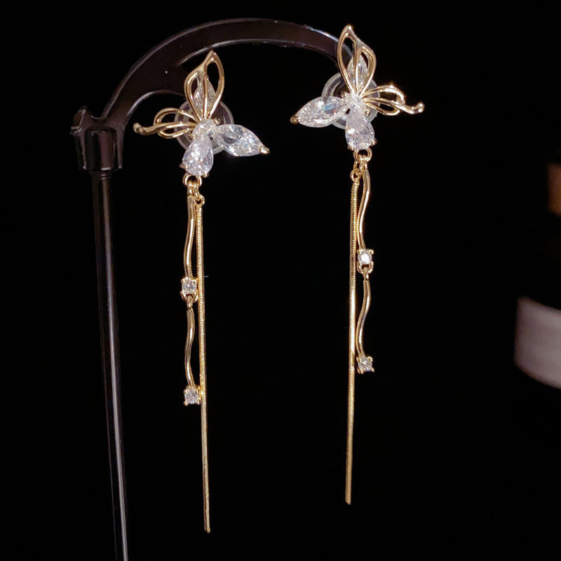 14K Gold-Plated Hollow Butterfly Tassel Earrings - Elegant Design