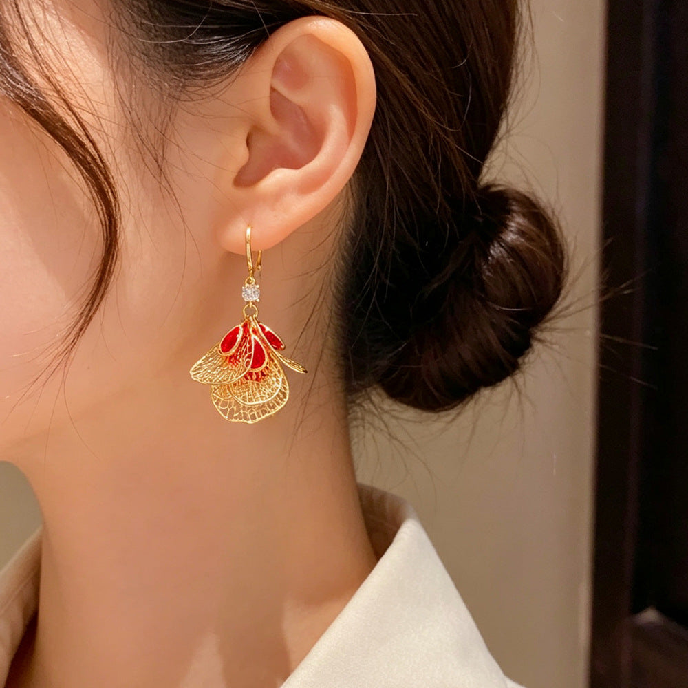Eaioncol Red Teardrop Petal Tassel Hoop Earrings 14K Gold Plated