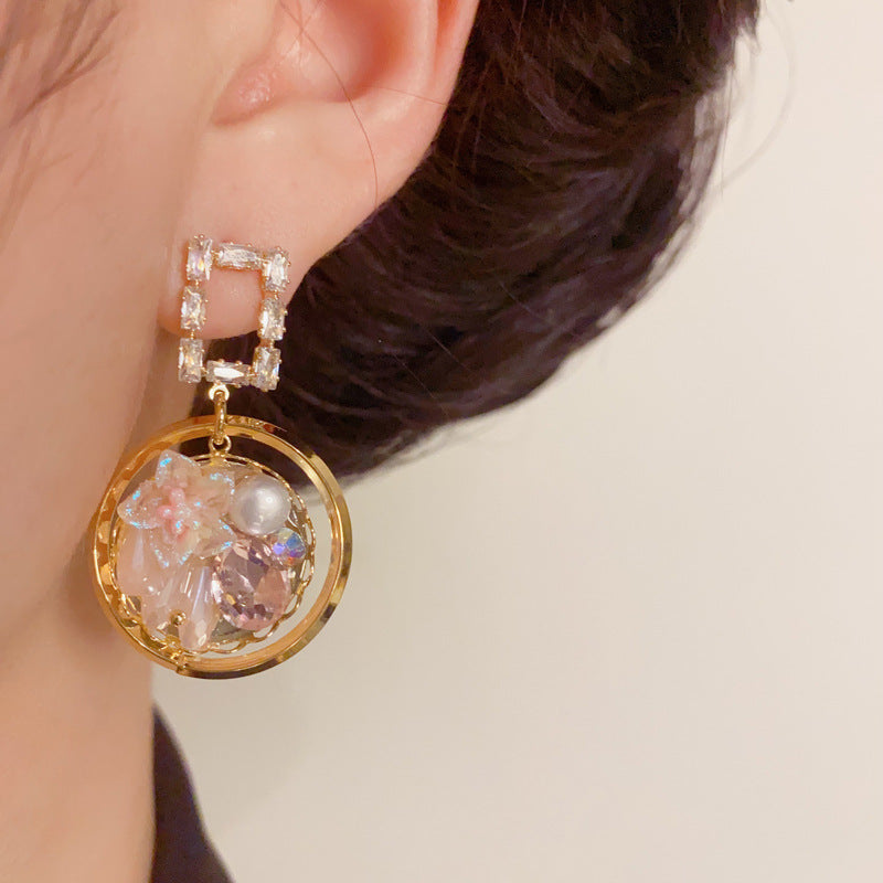 Elegant Zircon Petal Round Ring Drop Gold Earrings – Geometric Design