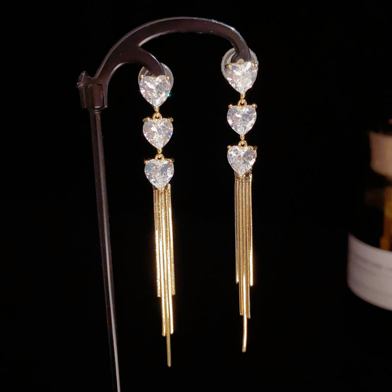 14K Gold Zircon Heart Long Tassel Drop - Chic Elegance Design