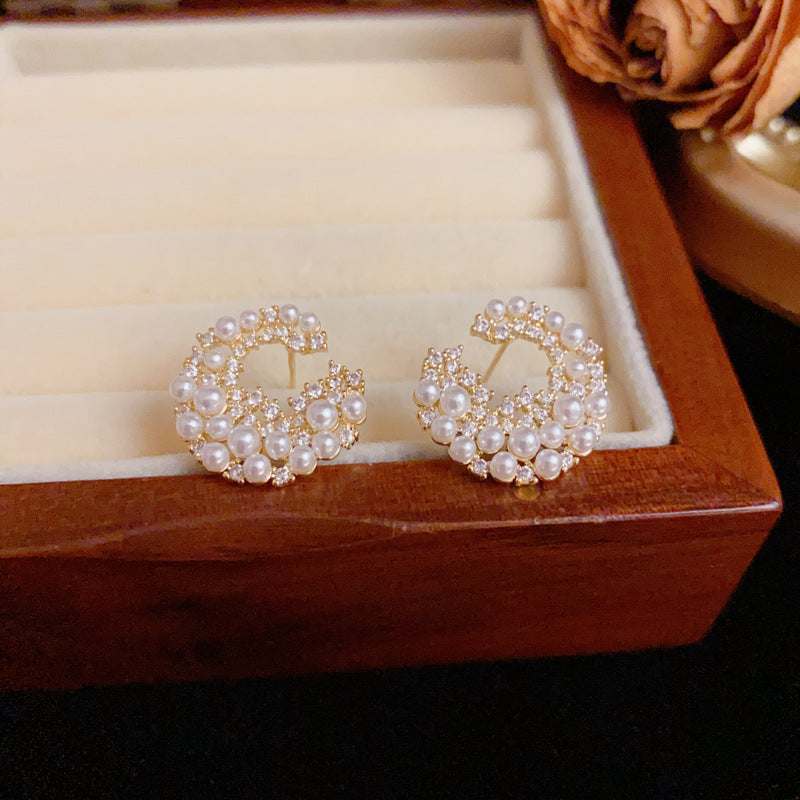 Zircon & Pearl C-Shaped Stud Gold Earrings – Elegant Geometric Design