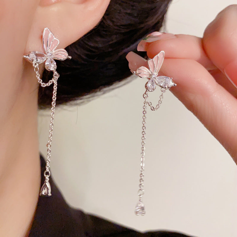 14K Gold-Plated Zircon Butterfly Chain Tassel Earrings– Elegant Design
