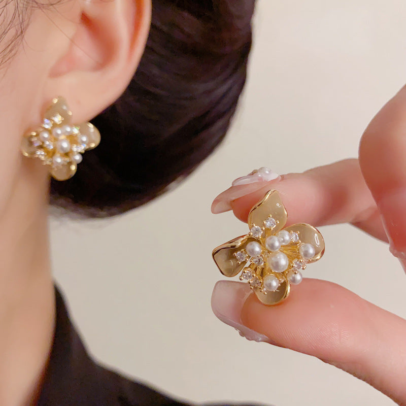 Luxury Zircon Pearl Enamel Petal Stud Earrings – Floral Design