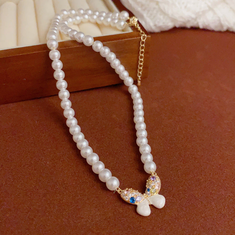 14K Gold-Plated Colorful Butterfly Pearl Necklace –Elegant Sweet Style