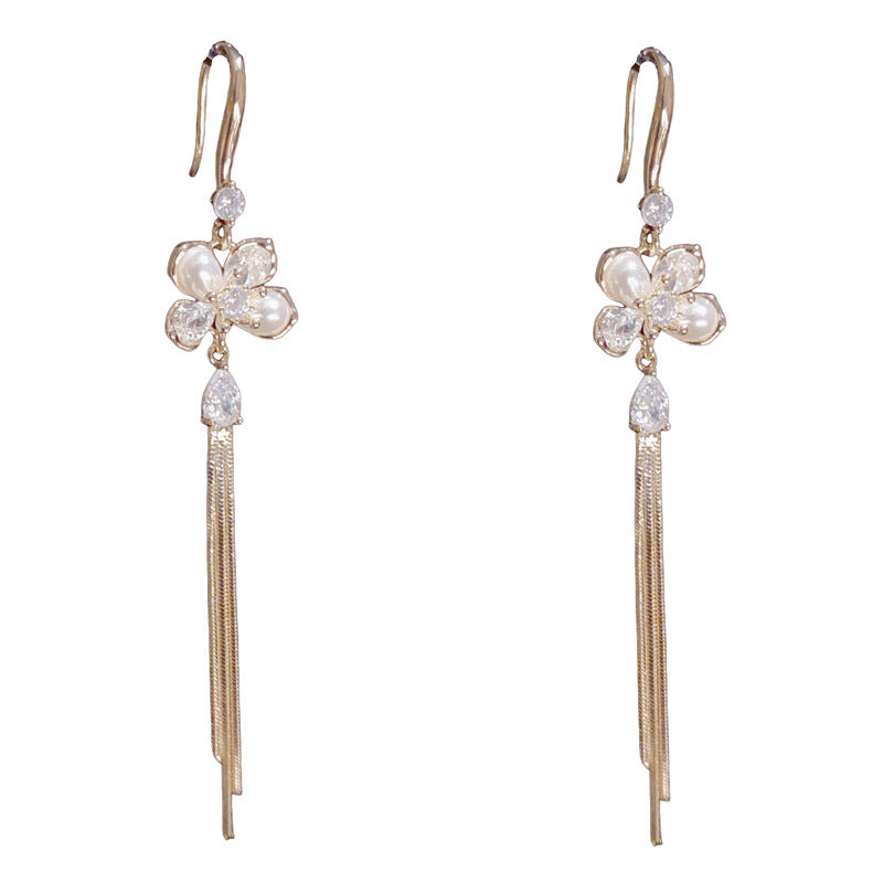 14K Gold-Plated Pearl Petal Tassel Earrings – Elegant Long Drop Design