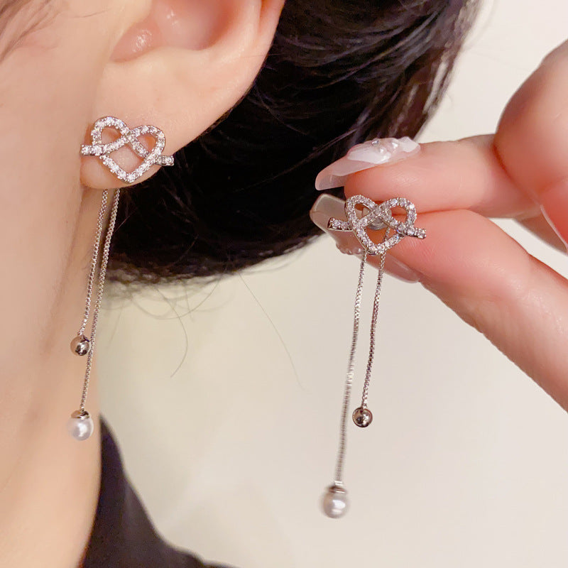 14K Gold Full Diamond Heart Tassel Drop Earrings – Elegant Design