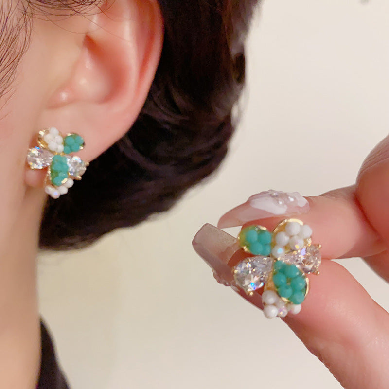 14K Gold-Plated Zircon Two-Tone Petal Stud Earrings – Elegant Floral