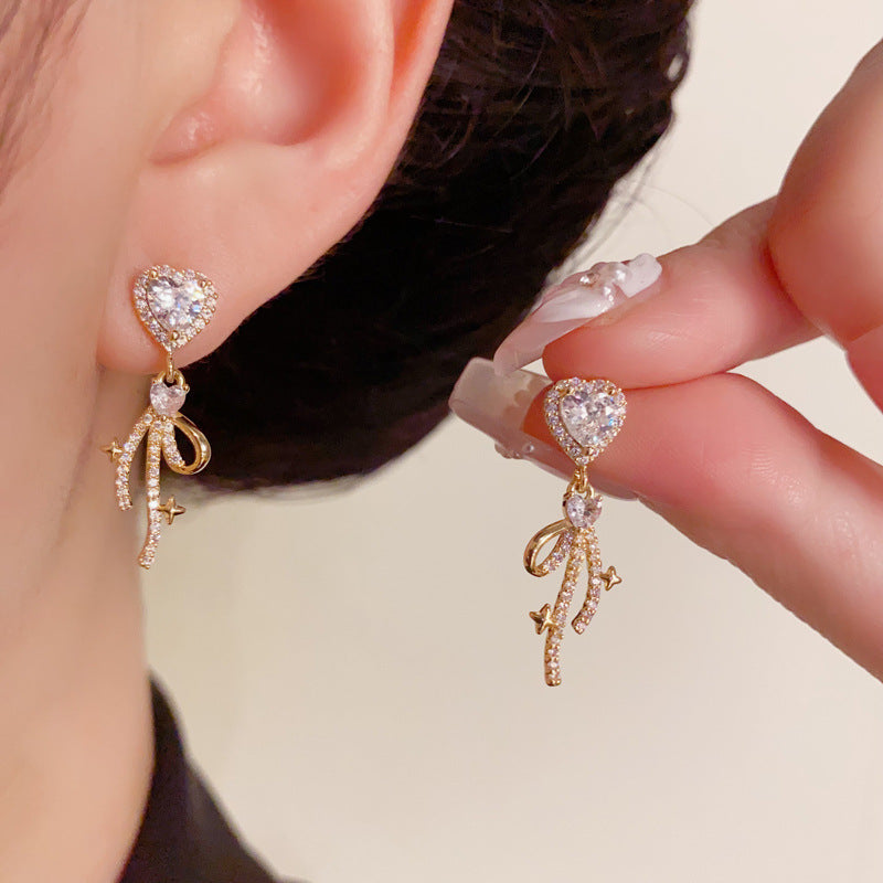Luxury Full-Zircon Heart & Bow Drop Gold Earrings – Elegant Design