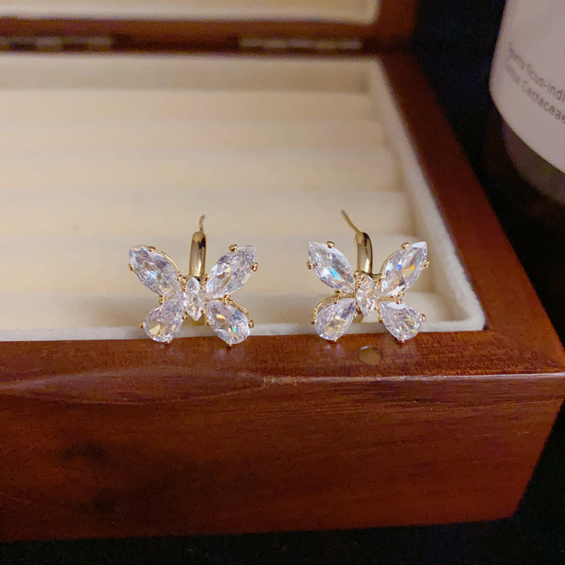 14K Gold Zircon Butterfly C-Shaped Hoop Earrings – Elegant Design