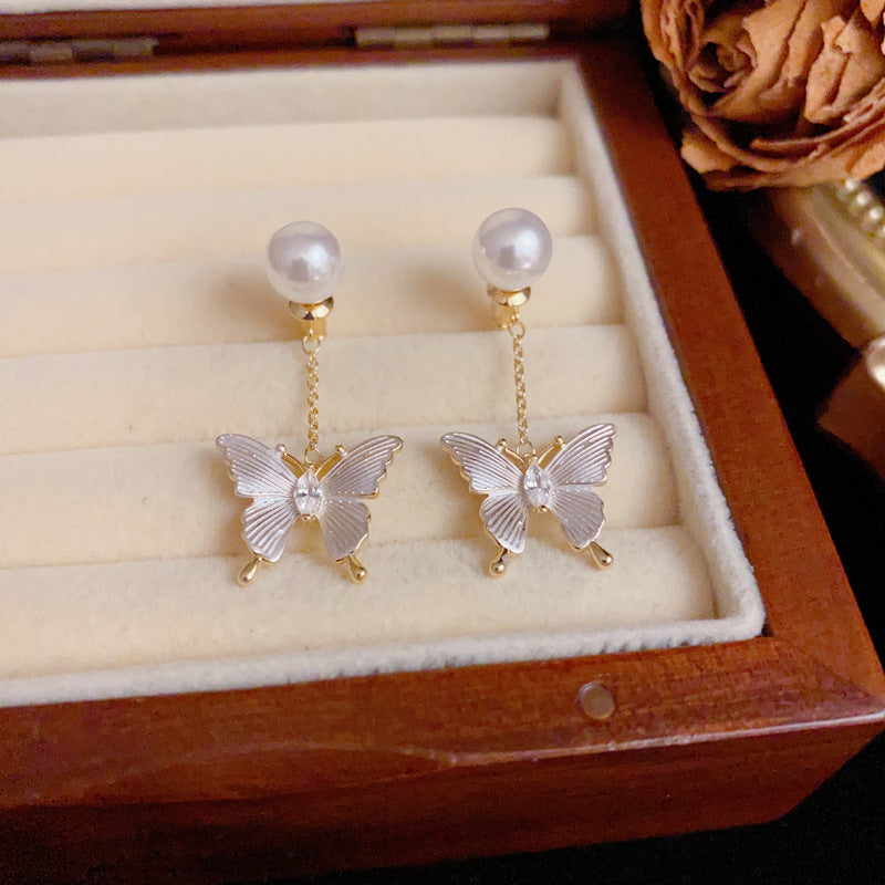 Pearl & Butterfly Tassel Front-Back Drop Earrings – S925 Silver Needle