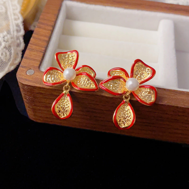 Luxury Red Metal Petal Drop Earrings – French Retro Design