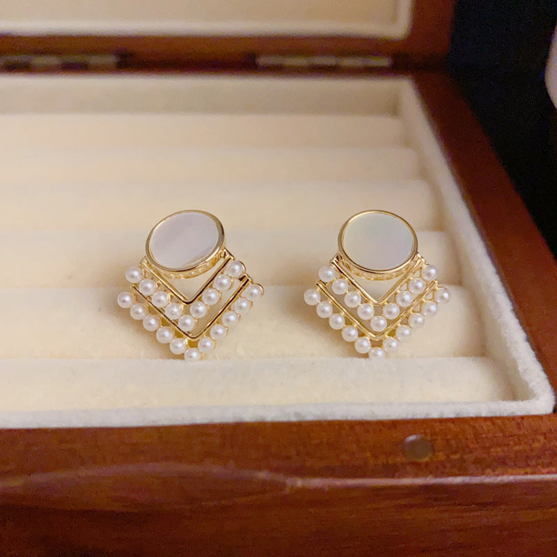 14K Gold-Plated Mother-of-Pearl Diamond Stud Earrings – Elegant Design