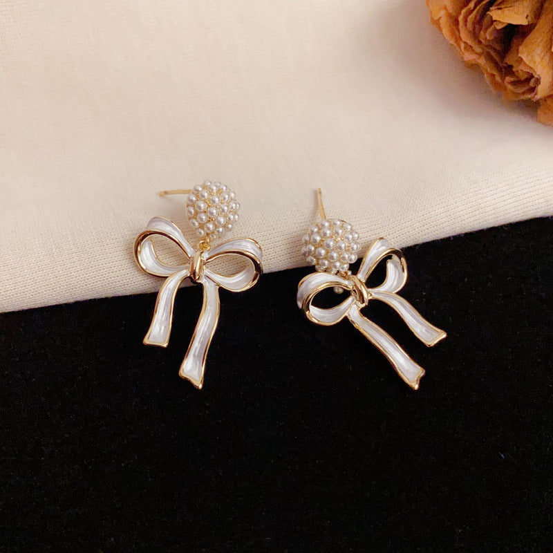 Luxury Pearl Sphere & Bow Ribbon Drop Gold Earrings – Elegant Design