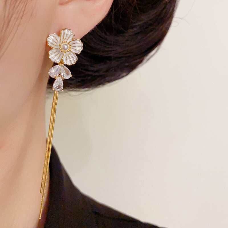 14K Gold Floral Crystal Tassel Drop Earrings – Elegant Slim Design
