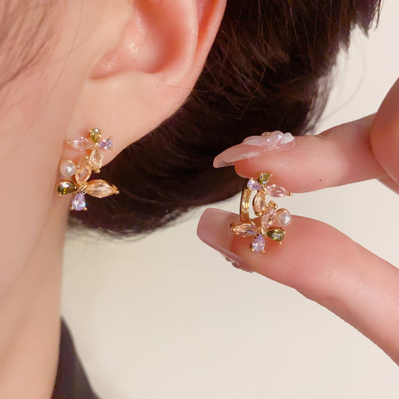 14K Gold Colorful Zircon Butterfly & Pearl Earrings – Elegant Design