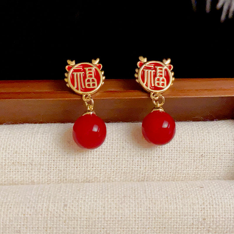 14K Gold-Plated Red Fu Character Pearl Drop Earrings -Festive Elegance