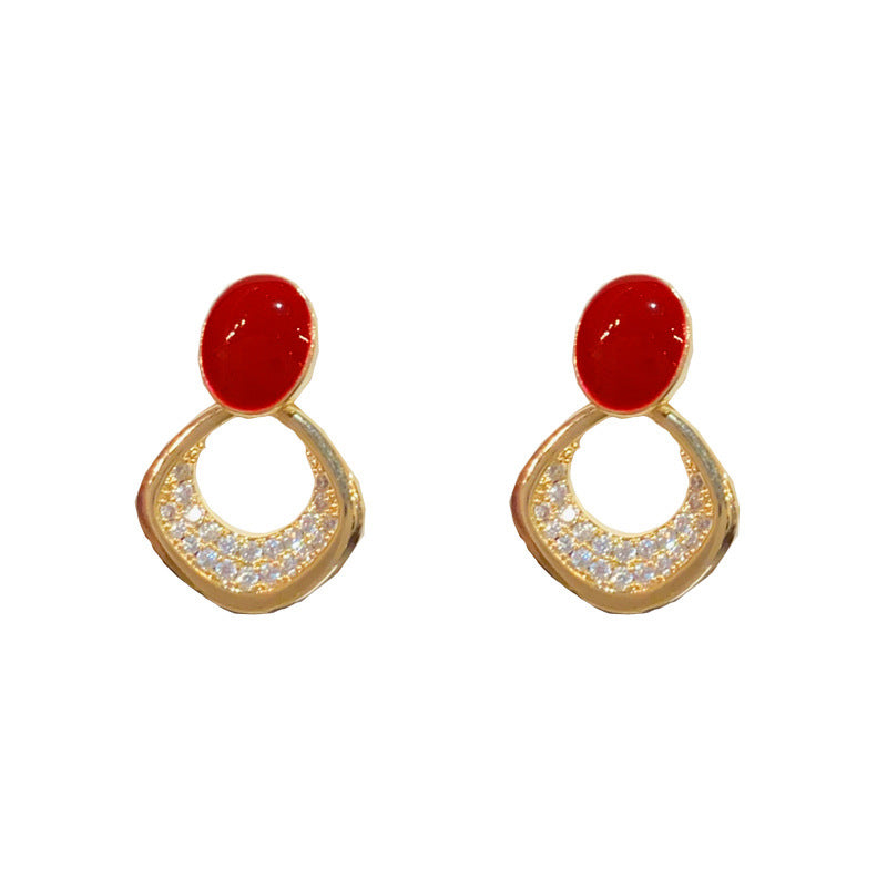 14K Gold-Plated Red Drop Oil Diamond Shape Earrings - Retro Design