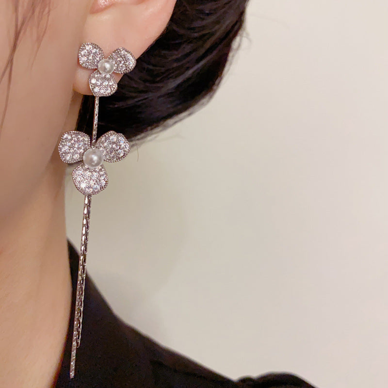 14K Gold Zircon Three-Petal Flower Tassel Earrings – Elegant Design