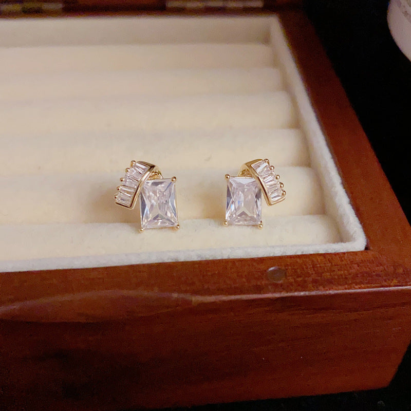 14K Gold-Plated Zircon Square Stud Earrings – Minimalist Chic Design