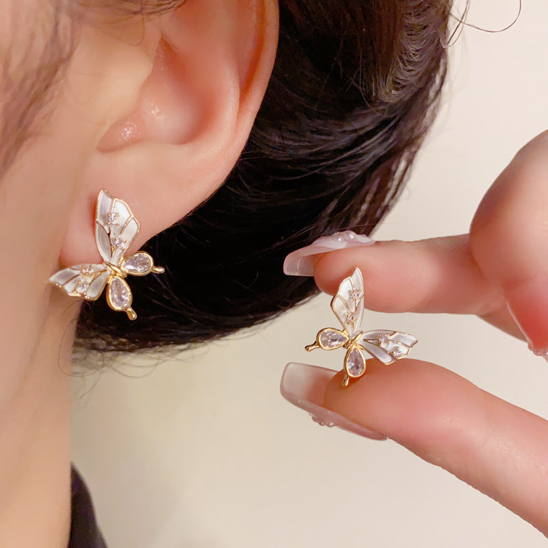 14K Gold Enamel Butterfly Earrings with Rhinestones – Elegant Design