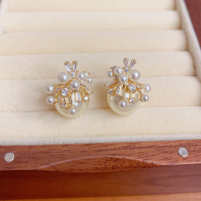 Elegant Zircon Pearl Petal Stud Earrings – French Floral Design