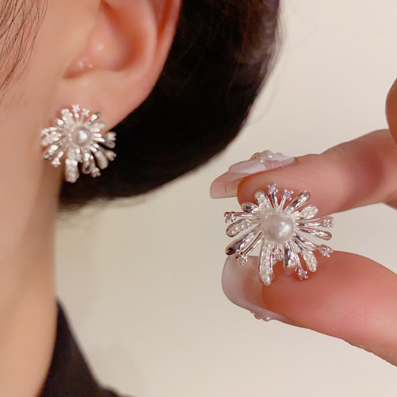 Luxury Metal Pearl & Firework Stud Earrings – Elegant Floral Design