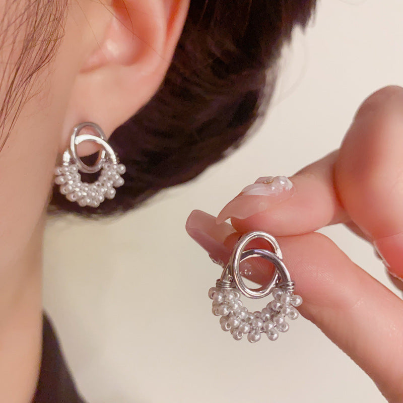 French vintage Pearl Geometric Stud Earrings – Silver Needle Design