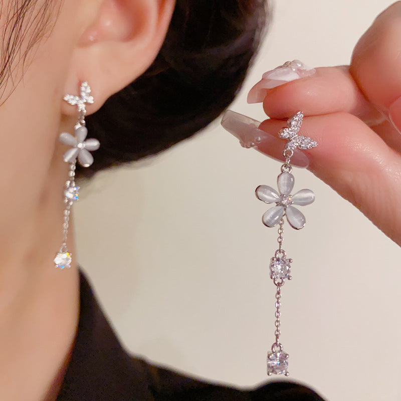Luxury Zircon Cat's Eye & Flower Tassel Drop Earrings – Elegant Design