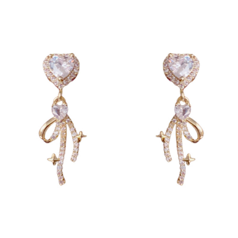 Luxury Full-Zircon Heart & Bow Drop Gold Earrings – Elegant Design
