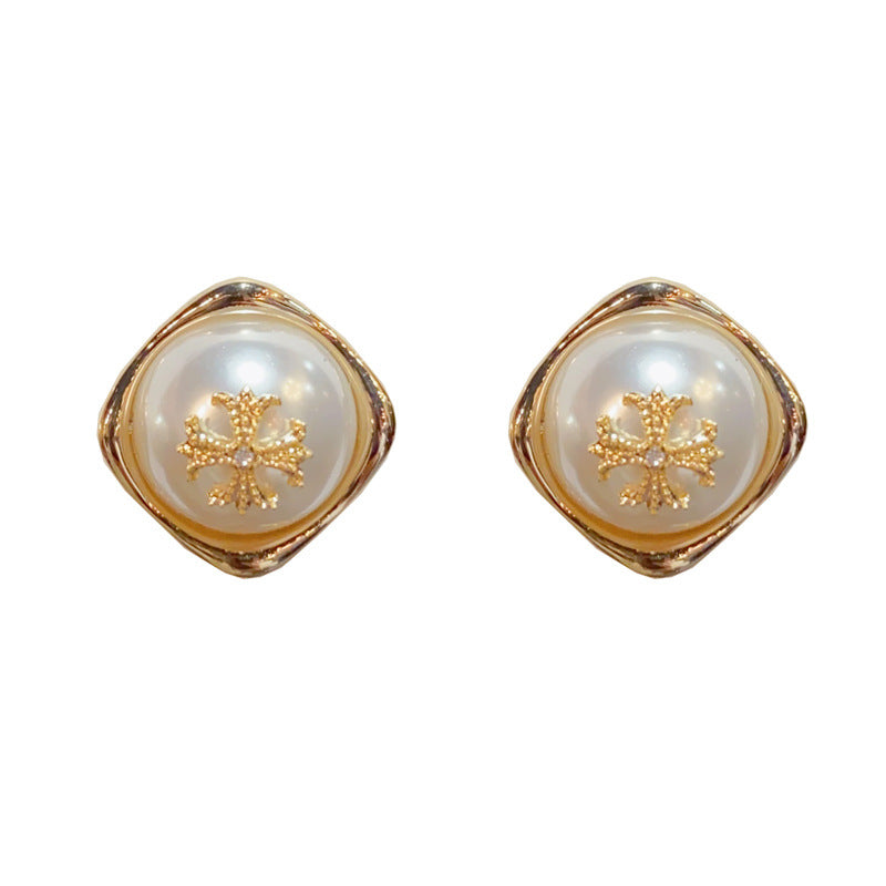 14K Gold Cross Pearl Geometric Stud Earrings- Chic Elegance Design