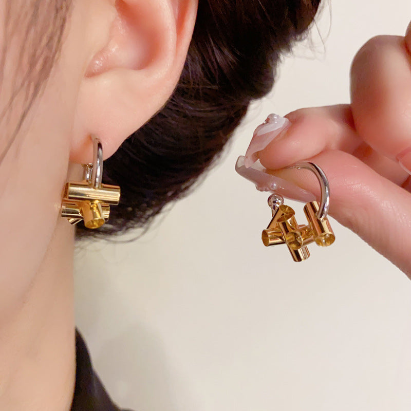 14K Gold-Plated Metal C-Shaped Hoop Earrings - Modern Geometric Design