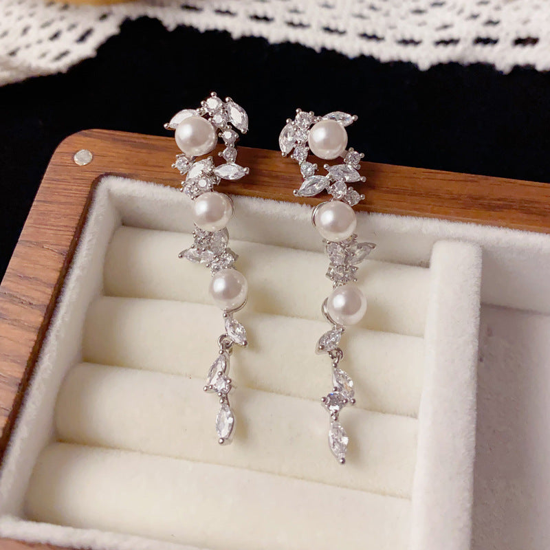 Luxury Zircon Leaf Long Pearl Tassel Drop Earrings – French Design