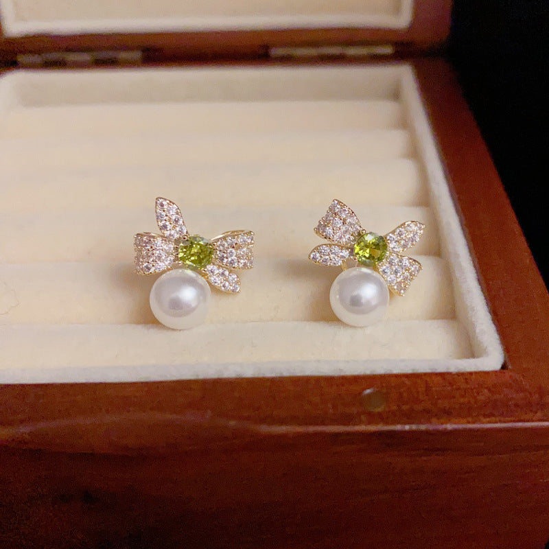 14K Gold-Plated Zircon Butterfly Knot Pearl Earrings - Elegant Design