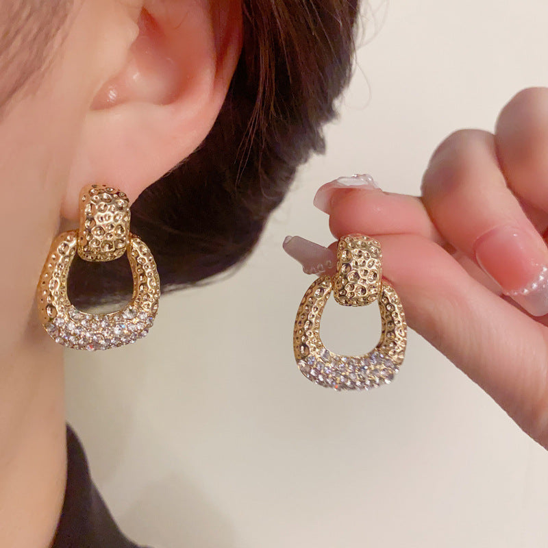 14K Gold-Plated Metal Diamond-Studded Square Earrings - Retro Elegance