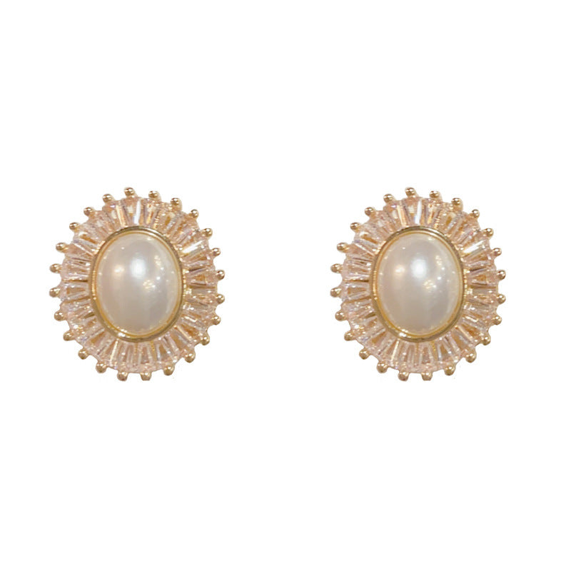 14K Gold Zircon Pearl Sunflower Stud Earrings- Chic Elegance Design