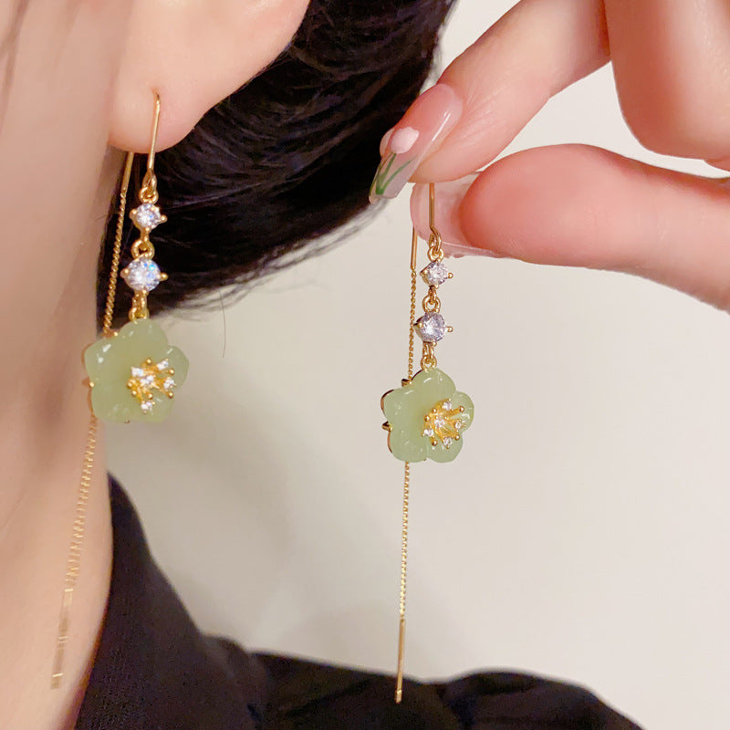 14K Gold Zircon Green Floral Tassel Threader Earrings – Elegant Design