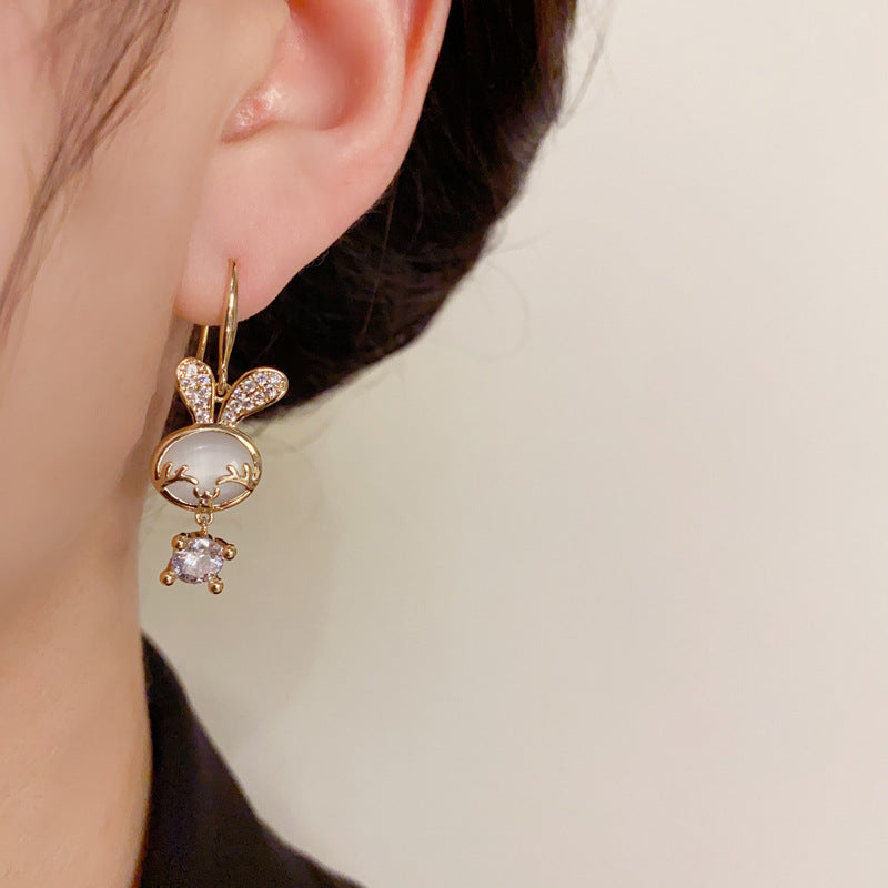 14K Gold-Plated Zircon Cat Eye Rabbit Earrings- Chic Elegance Design