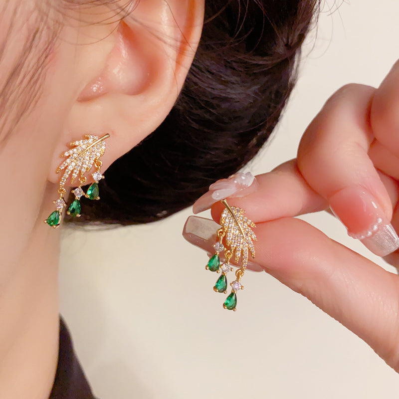 Zircon Leaf & Green Droplet Tassel Drop Gold Earrings – Elegant Design