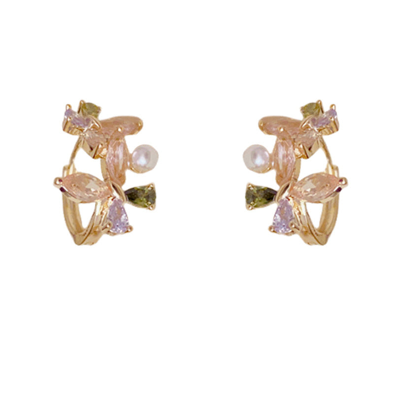 14K Gold Colorful Zircon Butterfly & Pearl Earrings – Elegant Design