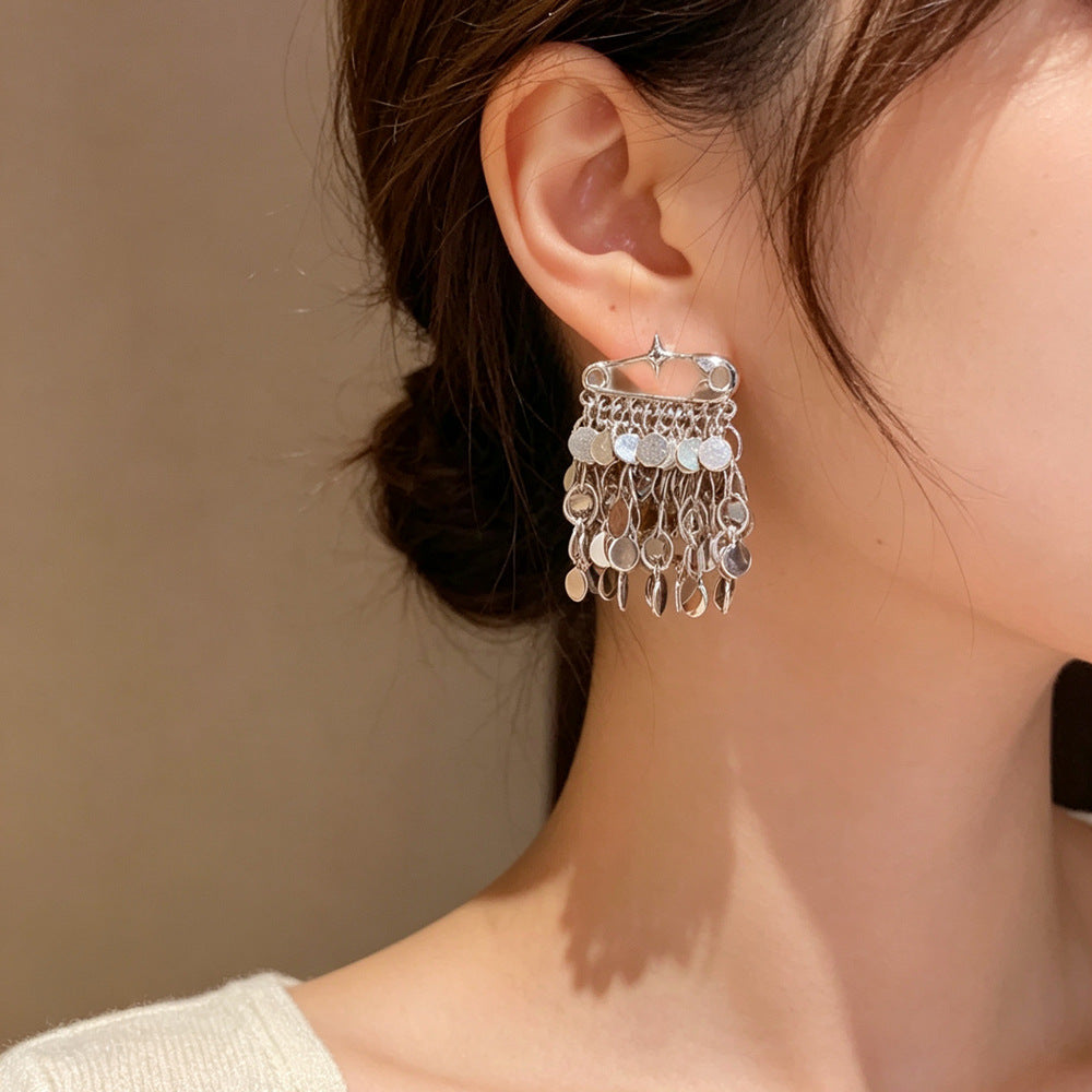 Eaioncol Safety Pin Circle Tassel Drop Earrings Gold Silver