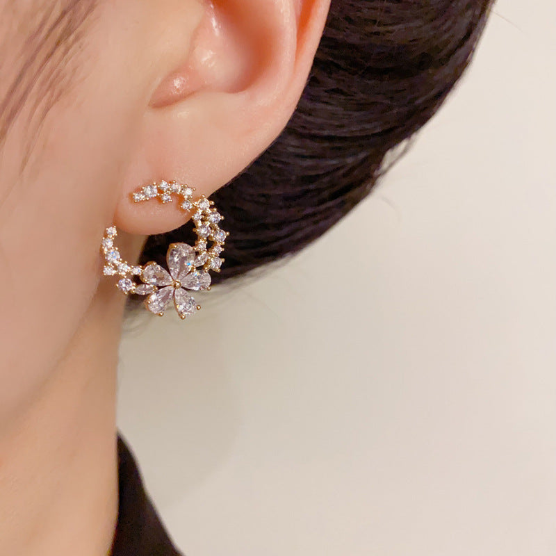14K Gold-Plated Zircon Crescent Moon Flower Earrings – Elegant Design