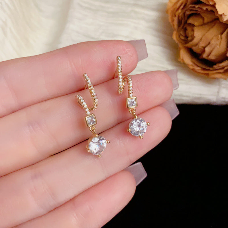 Elegant Zircon Geometric Ring Drop Earrings – Silver Needle Design